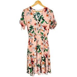 Bacio Women Floral Faux Wrap Dress S Peachy Pink High Low Hem Beachy Hawaiian